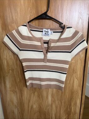 Princess Polly Brown & Cream Striped Ribbed Henley Tee